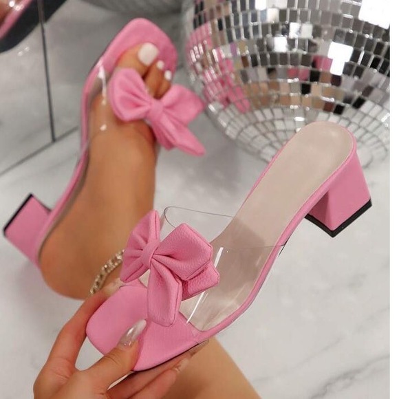 SHEIN Shoes - Pink Flower Sandals Slide Clear transparent Strap Block Heels Women's Sz 40/9